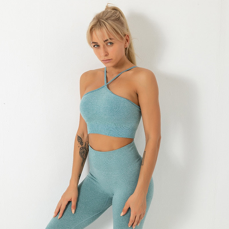 Autumn Seamless Solid Yoga Set Fashion Cami Crop Top And Shorts Two Piece Set Casual Running Gym Fitness Workout Push Up Outfits | Vimost Shop.