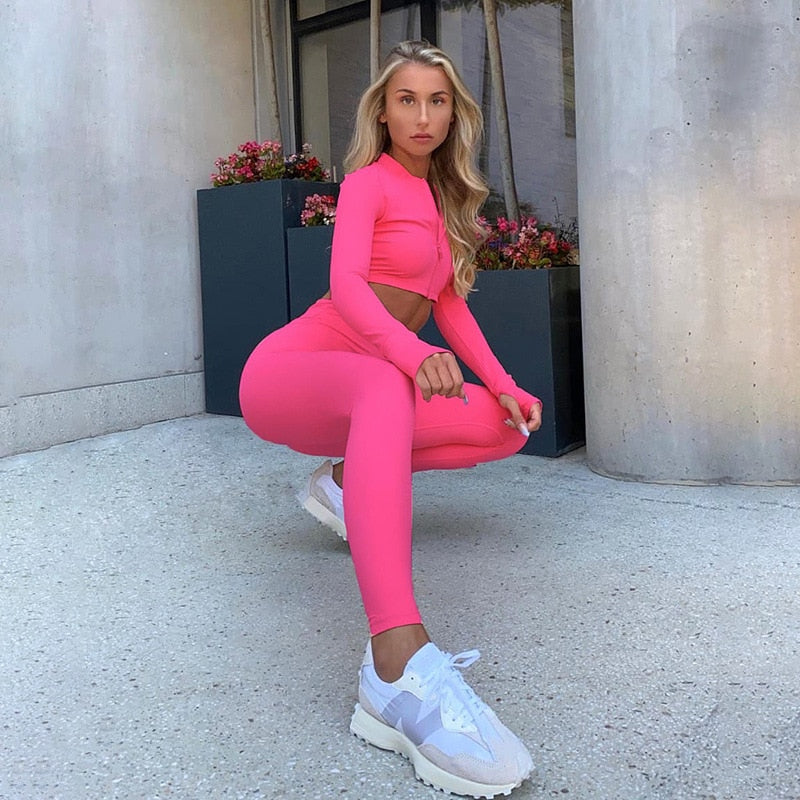 Autumn Seamless Solid Yoga Set Fashion Long Sleeve Crop Top Leggings Two Piece Set Casual Running Gym Fitness Workout Outfits | Vimost Shop.