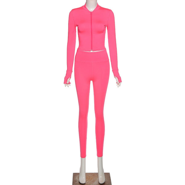 Autumn Seamless Solid Yoga Set Fashion Long Sleeve Crop Top Leggings Two Piece Set Casual Running Gym Fitness Workout Outfits | Vimost Shop.