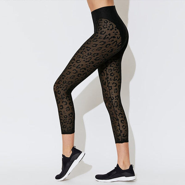 Women Leopard Lace Patchwork Yoga Fitnes Suit Sexy Sheer Mesh Long Sleeve Zipper Crop Top And Leggings Tracksuit Sports Outfits | Vimost Shop.