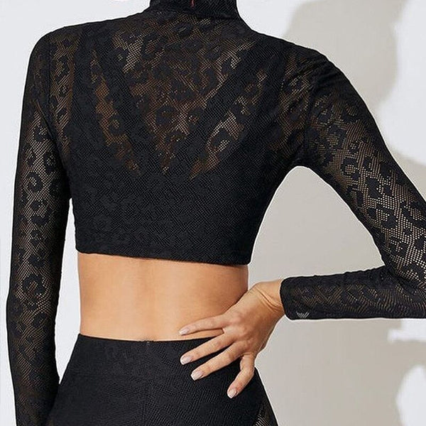 Women Leopard Lace Patchwork Yoga Fitnes Suit Sexy Sheer Mesh Long Sleeve Zipper Crop Top And Leggings Tracksuit Sports Outfits | Vimost Shop.