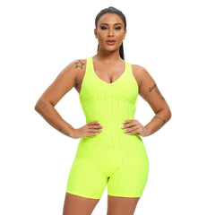 Women Solid Jacquard Yoga Jumpsuit Workout Fitness Shaping Push Up Playsuit V Neck Sleeveless Backless Top Shorts Sports Romper