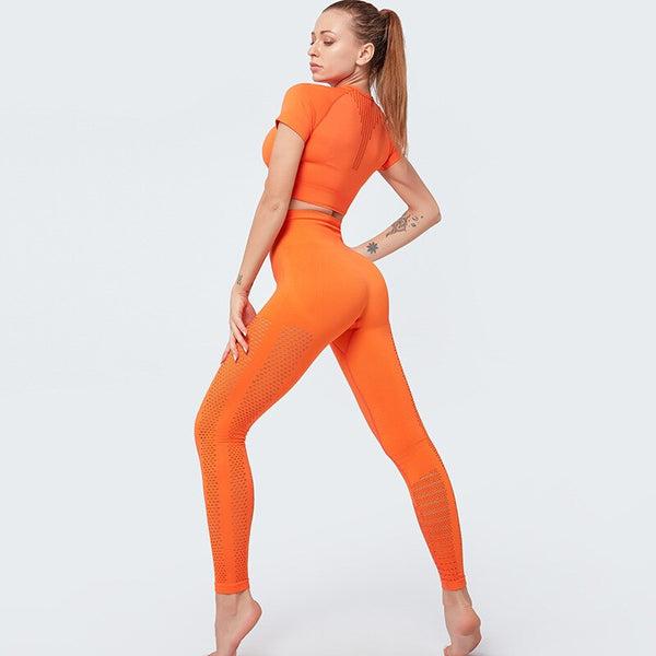 Seamless Solid Yoga Suit Women Gym Clothes Short Sleeve Crop Top Hollow Out Leggings Sport Tracksuit Fitness Workout Outdoor Set | Vimost Shop.