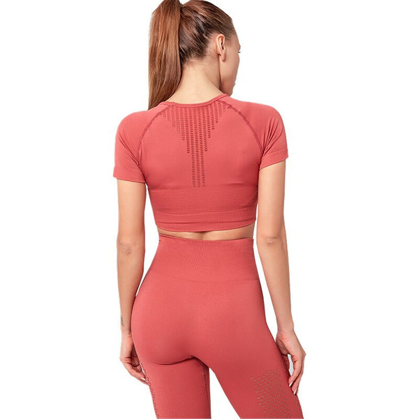 Seamless Solid Yoga Suit Women Gym Clothes Short Sleeve Crop Top Hollow Out Leggings Sport Tracksuit Fitness Workout Outdoor Set | Vimost Shop.
