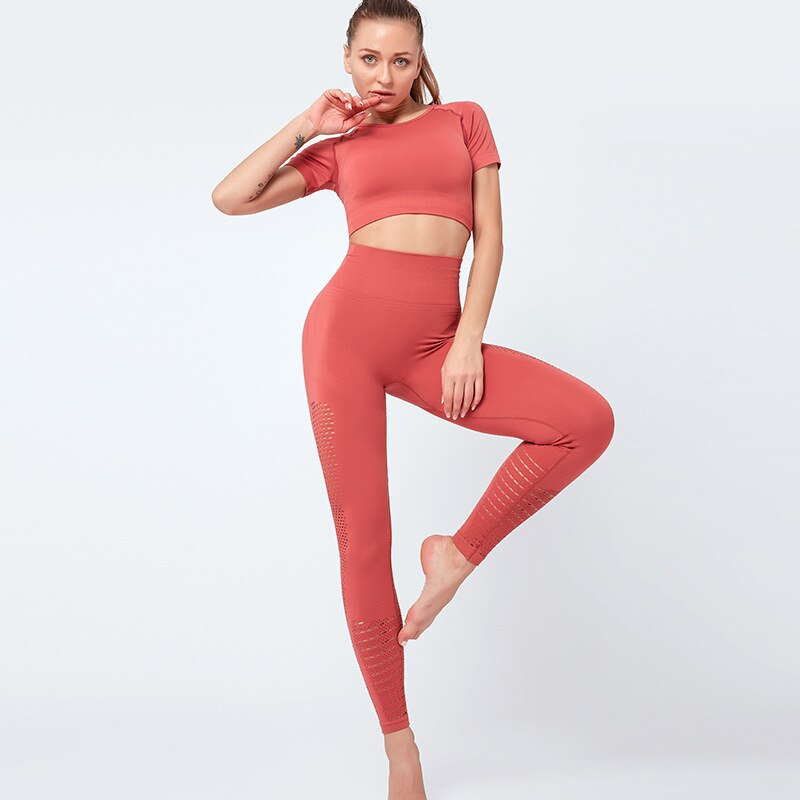 Seamless Solid Yoga Suit Women Gym Clothes Short Sleeve Crop Top Hollow Out Leggings Sport Tracksuit Fitness Workout Outdoor Set | Vimost Shop.