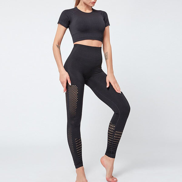 Seamless Solid Yoga Suit Women Gym Clothes Short Sleeve Crop Top Hollow Out Leggings Sport Tracksuit Fitness Workout Outdoor Set | Vimost Shop.