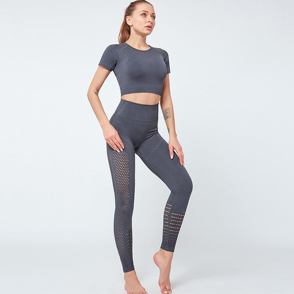 Seamless Solid Yoga Suit Women Gym Clothes Short Sleeve Crop Top Hollow Out Leggings Sport Tracksuit Fitness Workout Outdoor Set | Vimost Shop.
