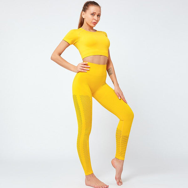 Seamless Solid Yoga Suit Women Gym Clothes Short Sleeve Crop Top Hollow Out Leggings Sport Tracksuit Fitness Workout Outdoor Set | Vimost Shop.