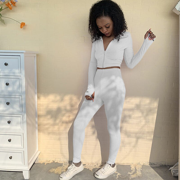 Autumn Solid Ribbing Two Piece Set Tracksuit For Women Fashion Long Sleeve Front Zipper Crop Top Leggings Jogging Sports Suit | Vimost Shop.