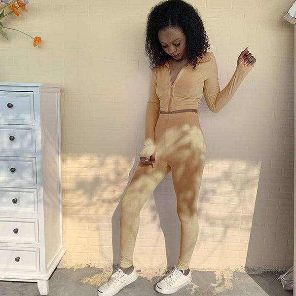 Autumn Solid Ribbing Two Piece Set Tracksuit For Women Fashion Long Sleeve Front Zipper Crop Top Leggings Jogging Sports Suit | Vimost Shop.