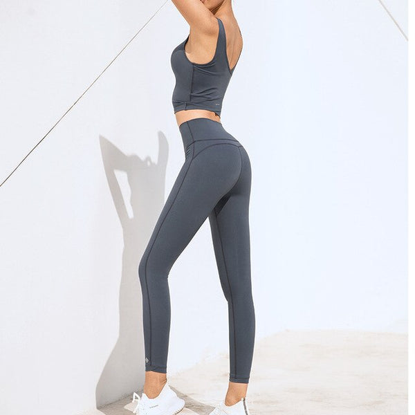 Solid Seamless Yoga Gym Suit Fashion Tank Crop Top Leggings Sports Fitness Push Up Running Sports Running Gym Two Piece Set | Vimost Shop.