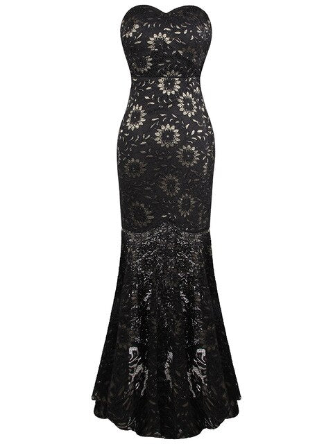 Strapless Floral Lace See Through Mermaid Formal Long Evening Dresses Black | Vimost Shop.