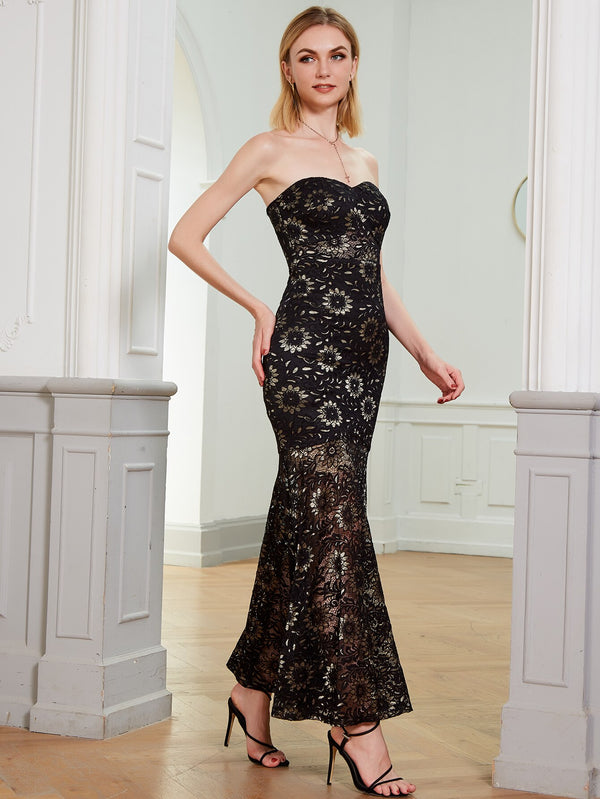 Strapless Floral Lace See Through Mermaid Formal Long Evening Dresses Black | Vimost Shop.