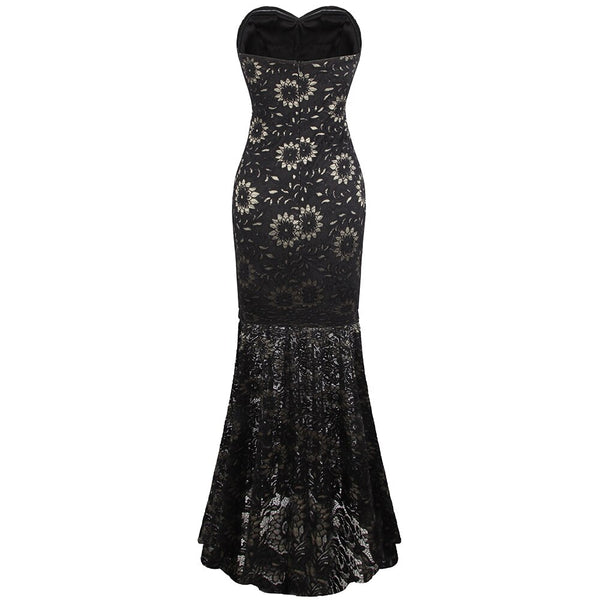 Strapless Floral Lace See Through Mermaid Formal Long Evening Dresses Black | Vimost Shop.