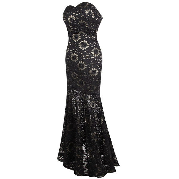 Strapless Floral Lace See Through Mermaid Formal Long Evening Dresses Black | Vimost Shop.