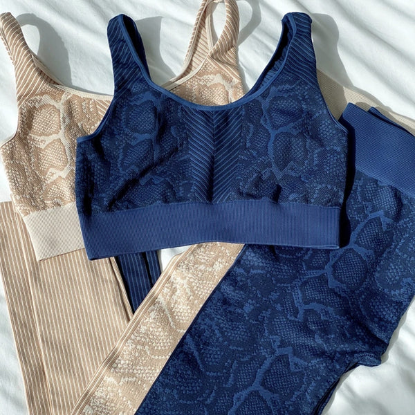 Seamless Snakeskin Print Yoga Set Gym Clothing Fashion Tank Crop Top Leggings Suit Push Up Workout Training Running Tracksuit | Vimost Shop.