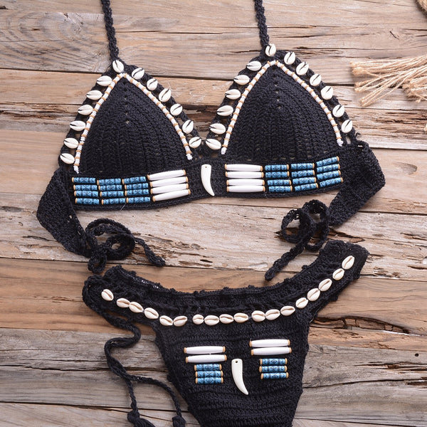 Sexy Bikini Crochet shell Set Halter Lace Up Bra Top Thong Swimsuit Beach Lady Knitted Biquini Swimming Bohemian Bathing Suit | Vimost Shop.