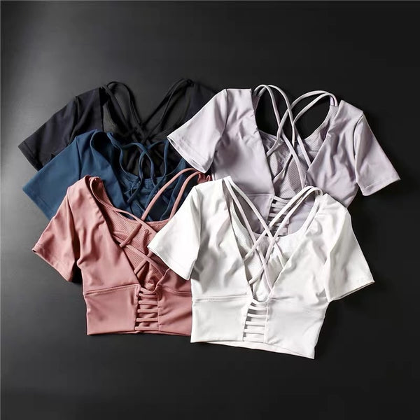 Stretchy Padded Workout Gym T-shirt Women Plain Cotton Feel Yoga Sport Short-Sleeved Shirts with Removable Chest Pads