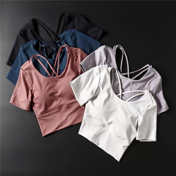 Stretchy Padded Workout Gym T-shirt Women Plain Cotton Feel Yoga Sport Short-Sleeved Shirts with Removable Chest Pads
