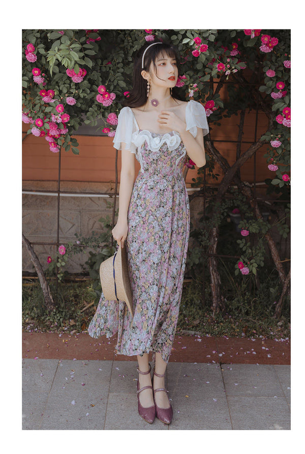 Print Lace Ruffles Ruched floral fairy dress French retro girl gentle wind super fairy long summer DRESS Female | Vimost Shop.