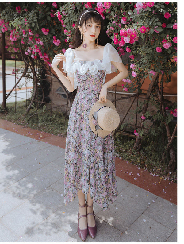 Print Lace Ruffles Ruched floral fairy dress French retro girl gentle wind super fairy long summer DRESS Female | Vimost Shop.