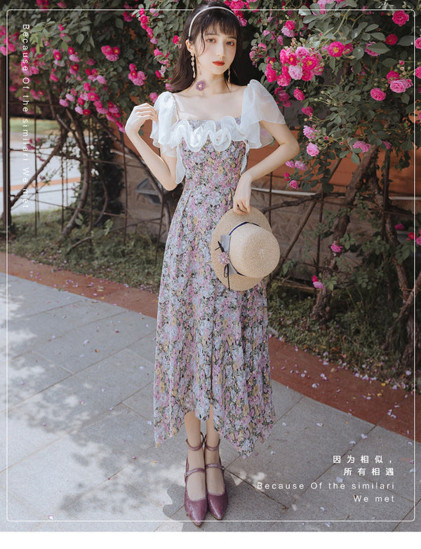 Print Lace Ruffles Ruched floral fairy dress French retro girl gentle wind super fairy long summer DRESS Female | Vimost Shop.