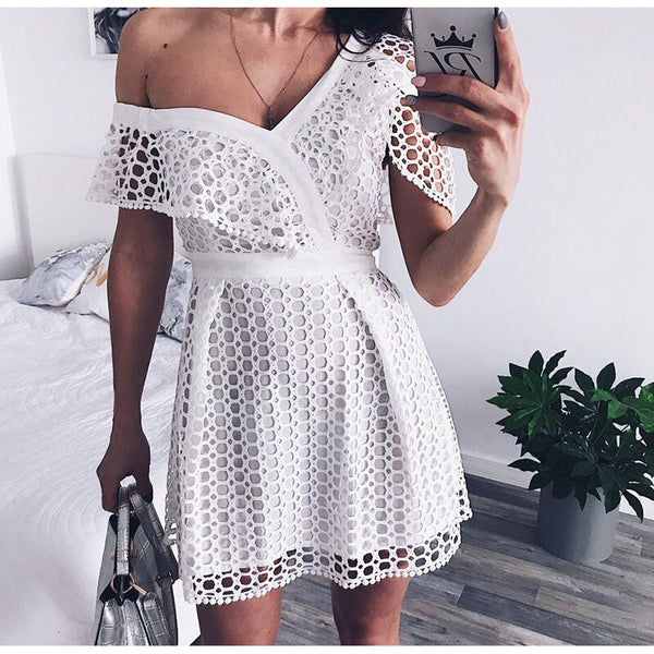 Ruched Hollow Out Short Ladies Dress Asymmetrical One Shoulder Butterfly Sleeve White boho Hot  deep v-neck Dresses | Vimost Shop.