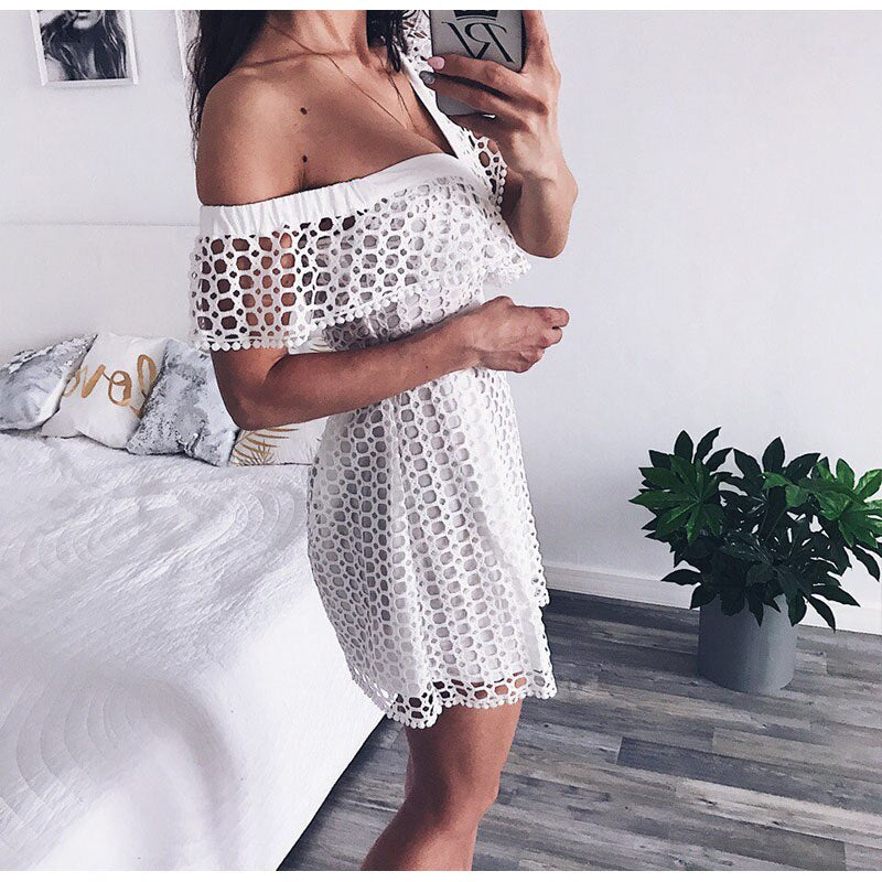 Ruched Hollow Out Short Ladies Dress Asymmetrical One Shoulder Butterfly Sleeve White boho Hot deep v-neck Dresses | Vimost Shop.