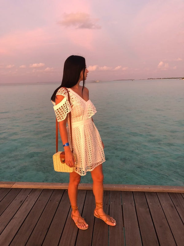 Ruched Hollow Out Short Ladies Dress Asymmetrical One Shoulder Butterfly Sleeve White boho Hot  deep v-neck Dresses | Vimost Shop.