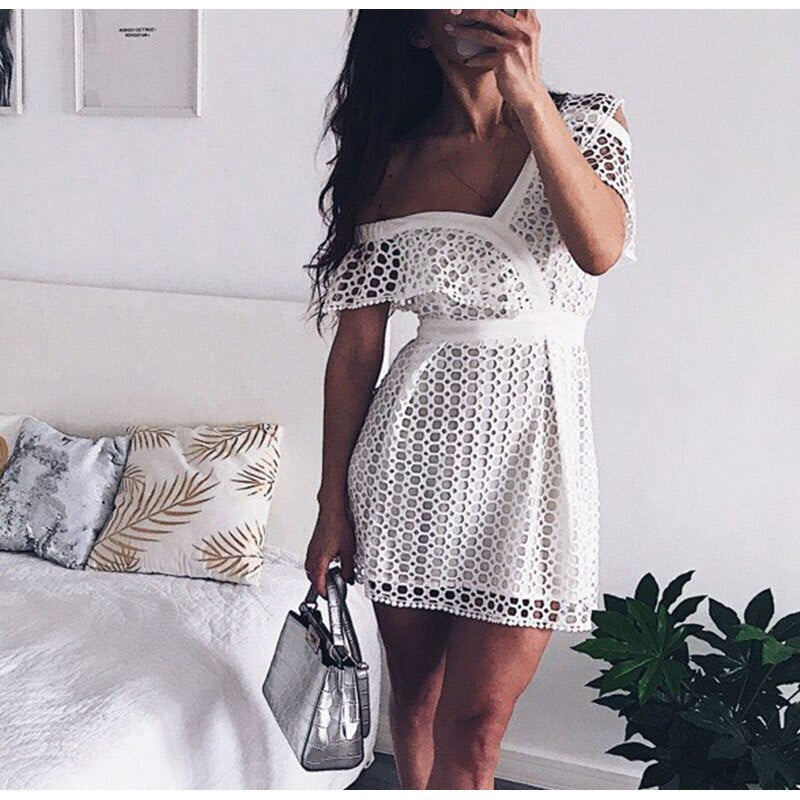 Ruched Hollow Out Short Ladies Dress Asymmetrical One Shoulder Butterfly Sleeve White boho Hot deep v-neck Dresses | Vimost Shop.