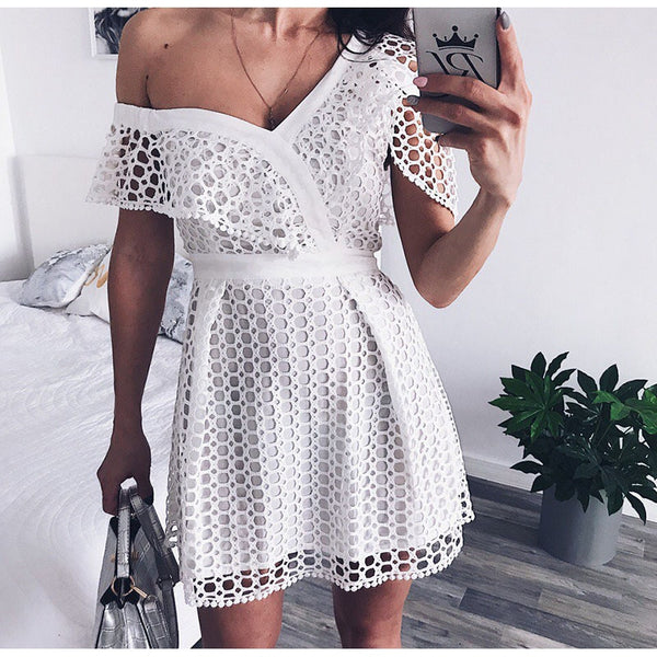 Ruched Hollow Out Short Ladies Dress Asymmetrical One Shoulder Butterfly Sleeve White boho Hot  deep v-neck Dresses | Vimost Shop.