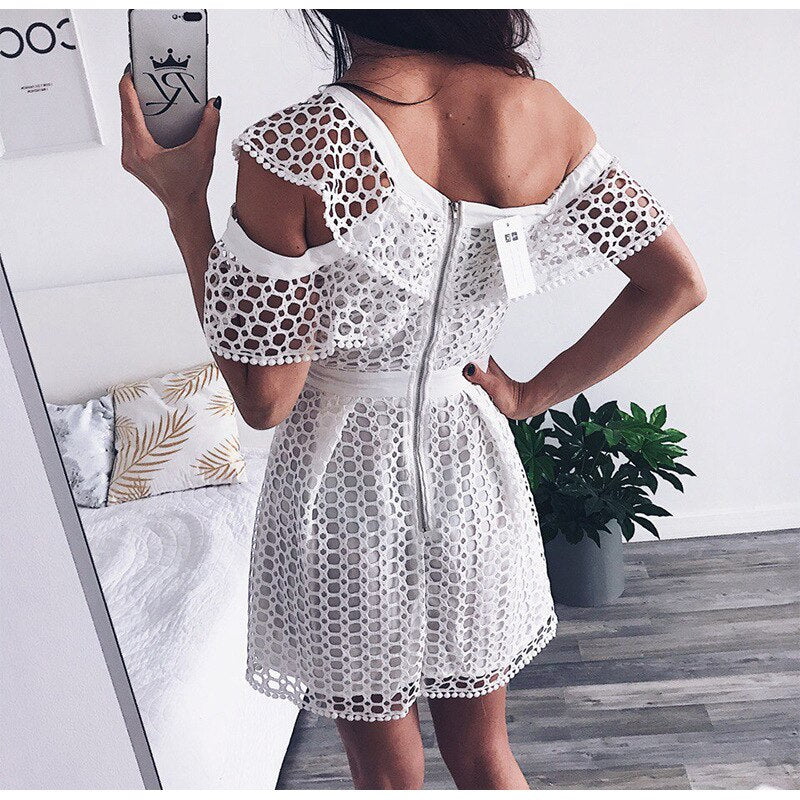 Ruched Hollow Out Short Ladies Dress Asymmetrical One Shoulder Butterfly Sleeve White boho Hot deep v-neck Dresses | Vimost Shop.