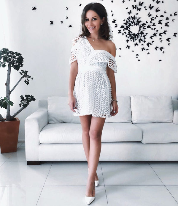 Ruched Hollow Out Short Ladies Dress Asymmetrical One Shoulder Butterfly Sleeve White boho Hot  deep v-neck Dresses | Vimost Shop.