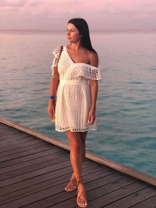 Ruched Hollow Out Short Ladies Dress Asymmetrical One Shoulder Butterfly Sleeve White boho Hot  deep v-neck Dresses | Vimost Shop.