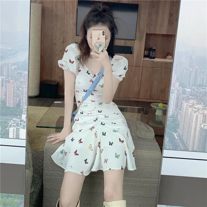 New purple butterfly print dress female V-neck pleated bubble short sleeve waist slimming DRESS summer Female | Vimost Shop.