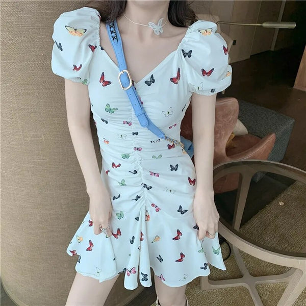 New purple butterfly print dress female V-neck pleated bubble short sleeve waist slimming DRESS  summer Female | Vimost Shop.
