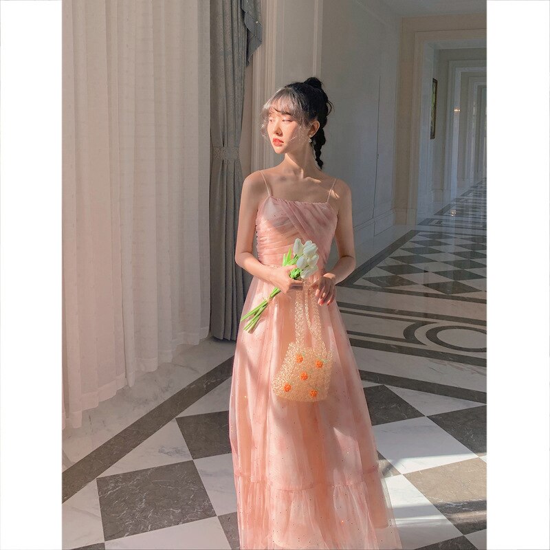Long dress spaghetti strap BacklessMesh Long Sleeveless Dress New Female Tide Ladies | Vimost Shop.