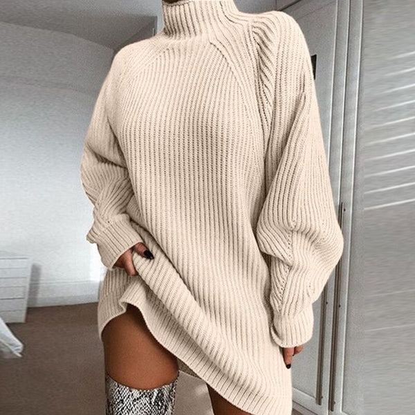 Turtleneck Long Sleeve Sweater Dress Women Autumn Winter Loose Tunic Knitted Casual Pink Gray Clothes Solid Dresses | Vimost Shop.