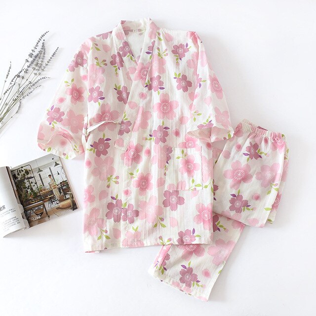 Ladies cotton pajamas set spring summer autumn double layer cotton gauze middle-sleeved trousers kimono home service suit thin | Vimost Shop.