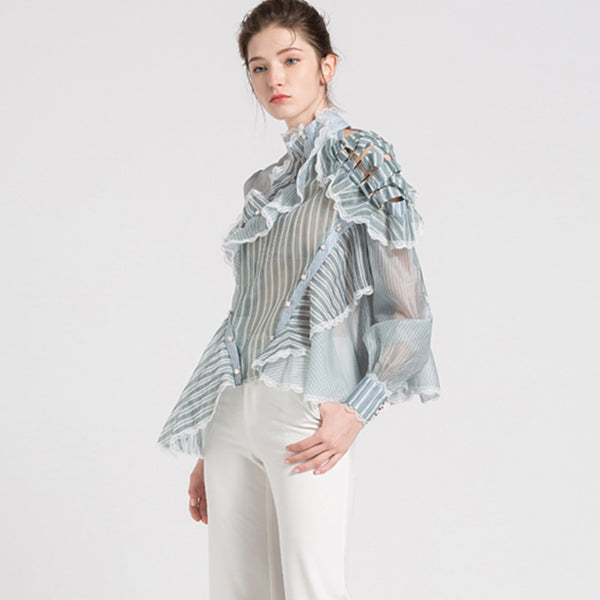 Fruncido de Organza volantes blusas azules botones camisa fina de rayas asimétricas para mujeres primavera moda | Vimost Shop.