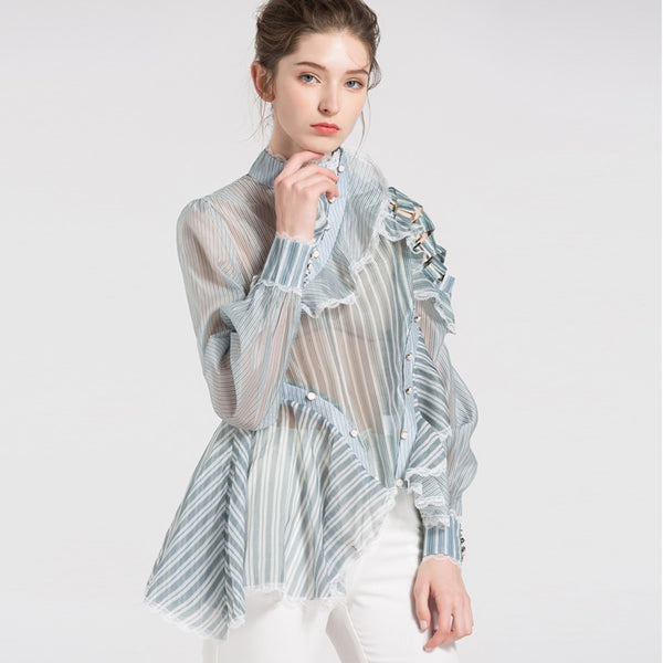 Fruncido de Organza volantes blusas azules botones camisa fina de rayas asimétricas para mujeres primavera moda | Vimost Shop.