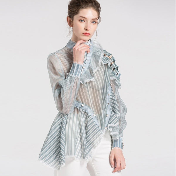 Fruncido de Organza volantes blusas azules botones camisa fina de rayas asimétricas para mujeres primavera moda | Vimost Shop.