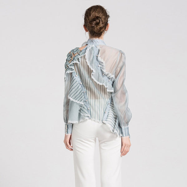 Fruncido de Organza volantes blusas azules botones camisa fina de rayas asimétricas para mujeres primavera moda | Vimost Shop.