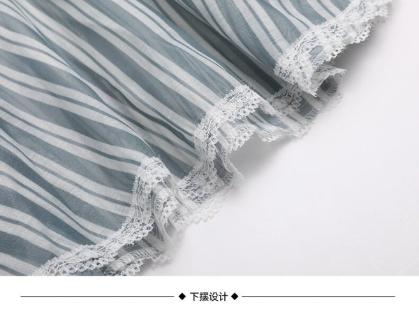 Fruncido de Organza volantes blusas azules botones camisa fina de rayas asimétricas para mujeres primavera moda | Vimost Shop.