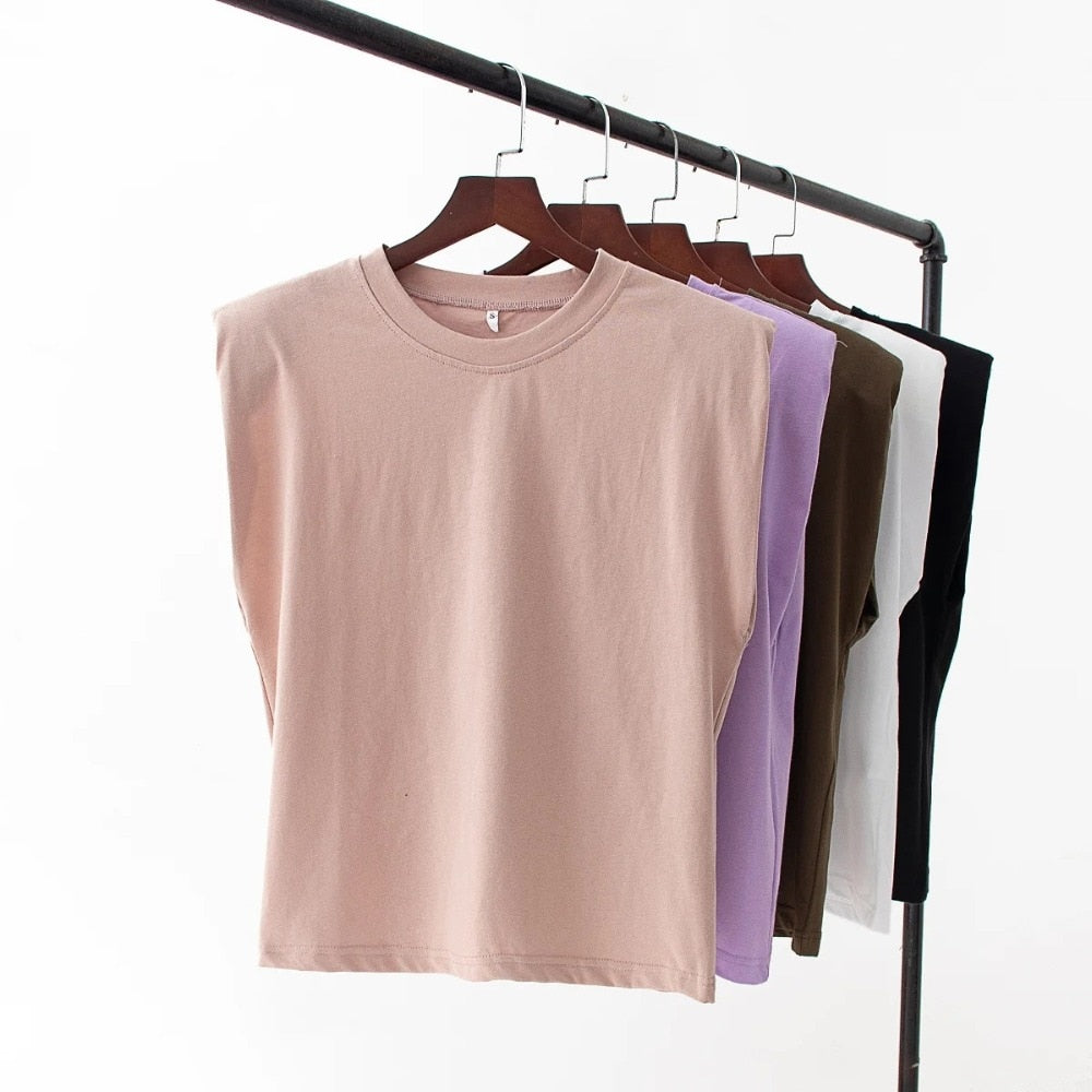 Shoulder pads Sleeveless tank 95% cotton pullover basic style Casual Femme T- shirts New Summer Women Tops | Vimost Shop.