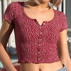 Women Scoop Neck Button down Floral Print Crop Tee Short Sleeve Floral Printed Crop Top For Women Summer Fashion