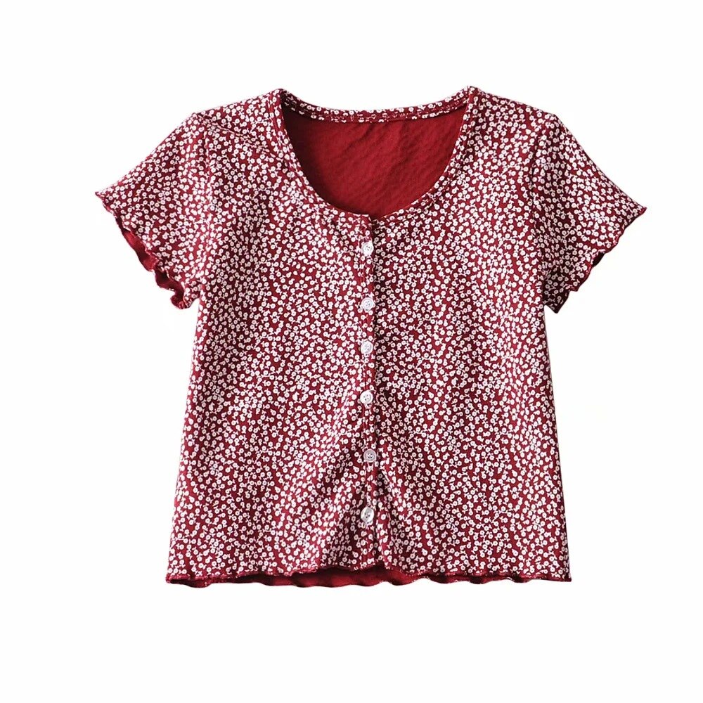Women Scoop Neck Button down Floral Print Crop Tee Short Sleeve Floral Printed Crop Top For Women Summer Fashion | Vimost Shop.