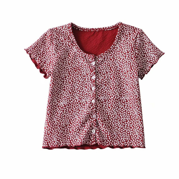Women Scoop Neck Button down Floral Print Crop Tee Short Sleeve Floral Printed Crop Top For Women Summer Fashion | Vimost Shop.