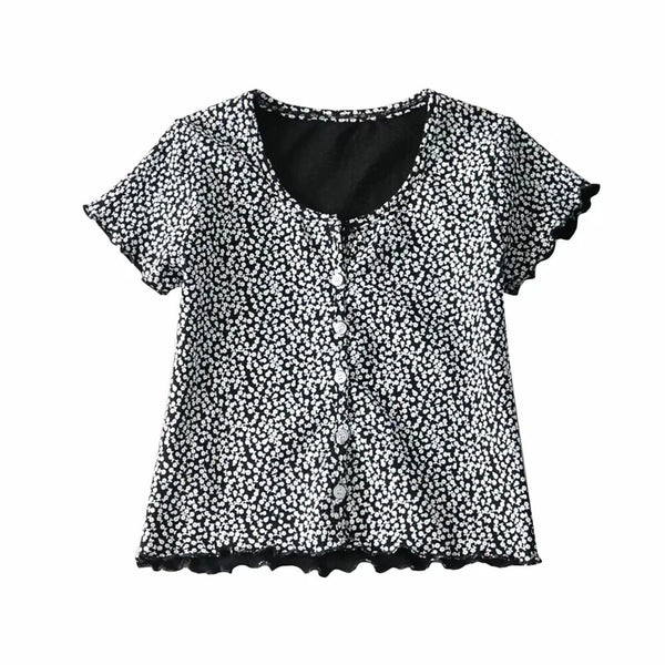 Women Scoop Neck Button down Floral Print Crop Tee Short Sleeve Floral Printed Crop Top For Women Summer Fashion | Vimost Shop.