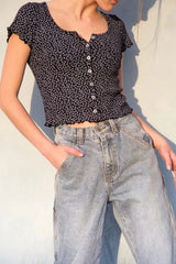 Women Scoop Neck Button down Floral Print Crop Tee Short Sleeve Floral Printed Crop Top For Women Summer Fashion